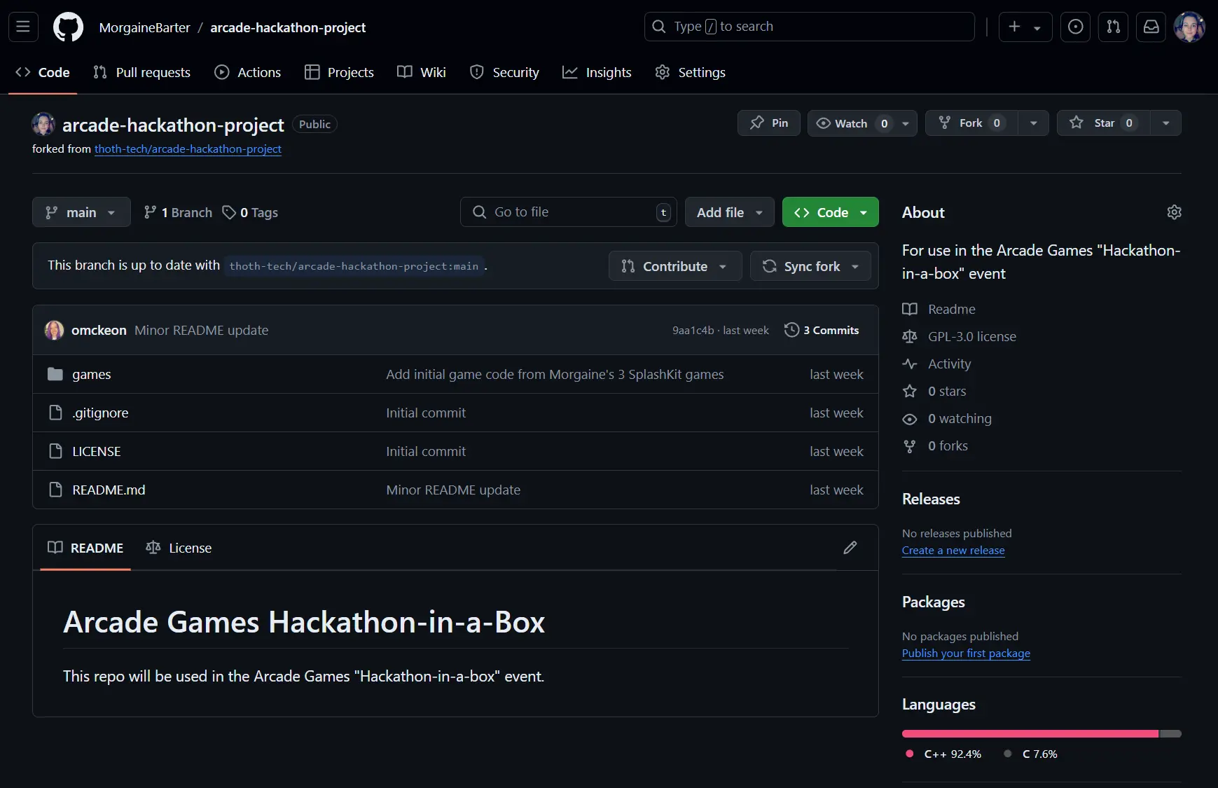 Image showing GitHub arcade-hackathon-project repo page