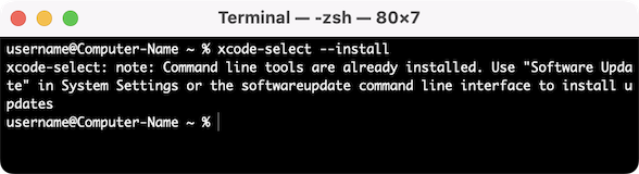 A Terminal window showing message that 'Command Line Tools' are already installed