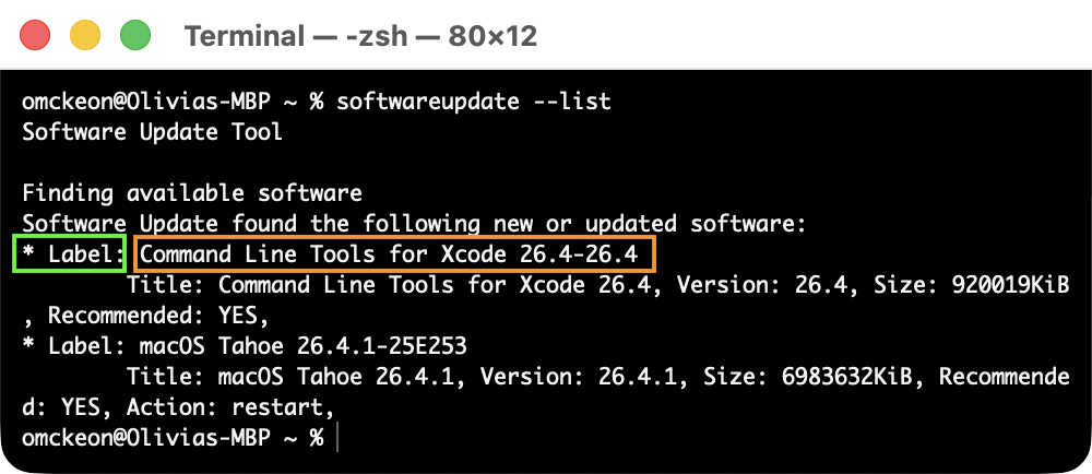 Running softwareupdate --list terminal command